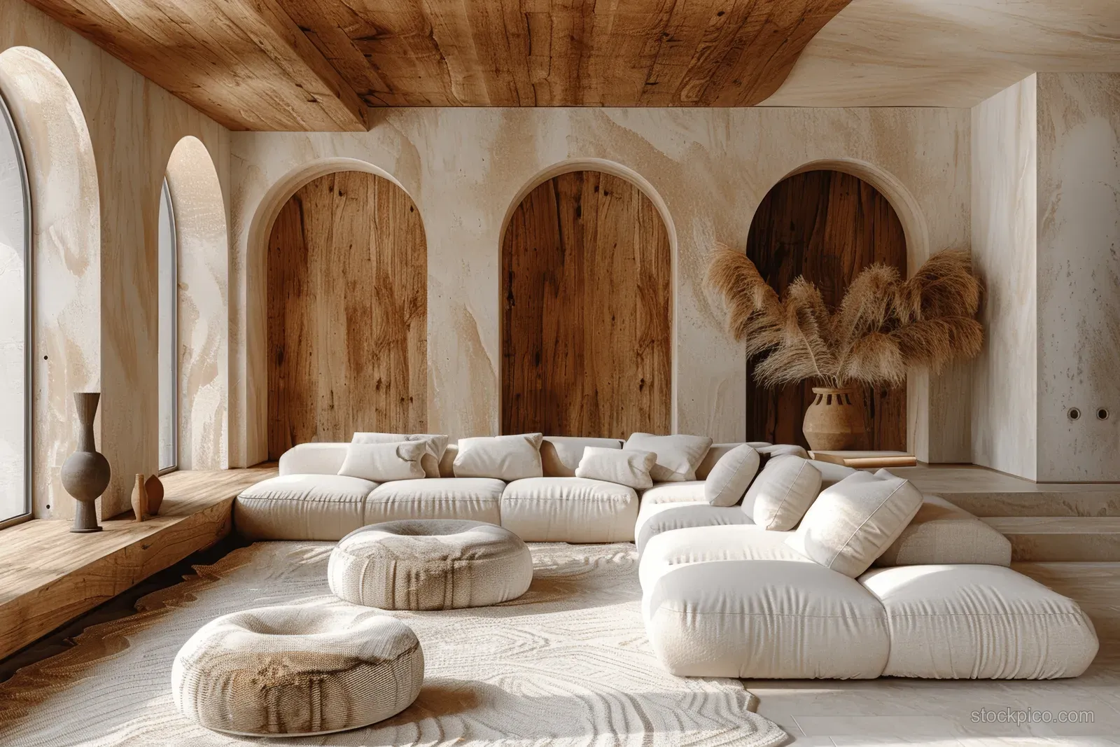 Minimal Japandi living room showing wooden arches, low floor cushions, pendant light, and neutral decor.