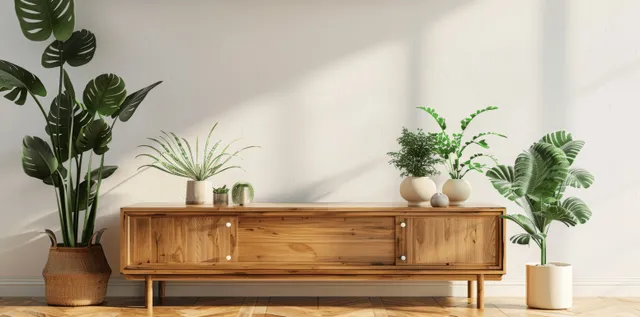 A wooden sideboard stands against a white wall with several potted plants around it.