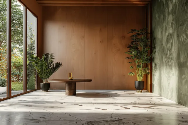Minimalist dining room with wooden walls, table, and plants