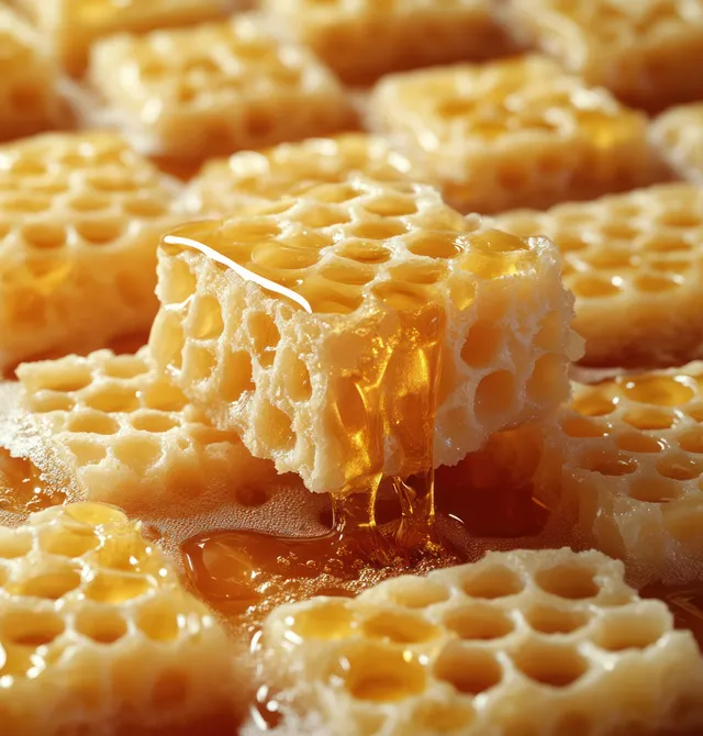 White chocolate honeycomb chunks with golden syrup dripping over a clean white background.