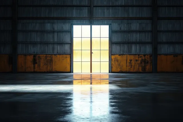 Open warehouse door in a dim interior, with bright exterior light reflecting on a polished concrete floor and shadows.