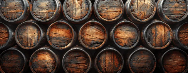Stacked aged whiskey barrels in a dim cellar with dark oak grain and amber residue on the wood.