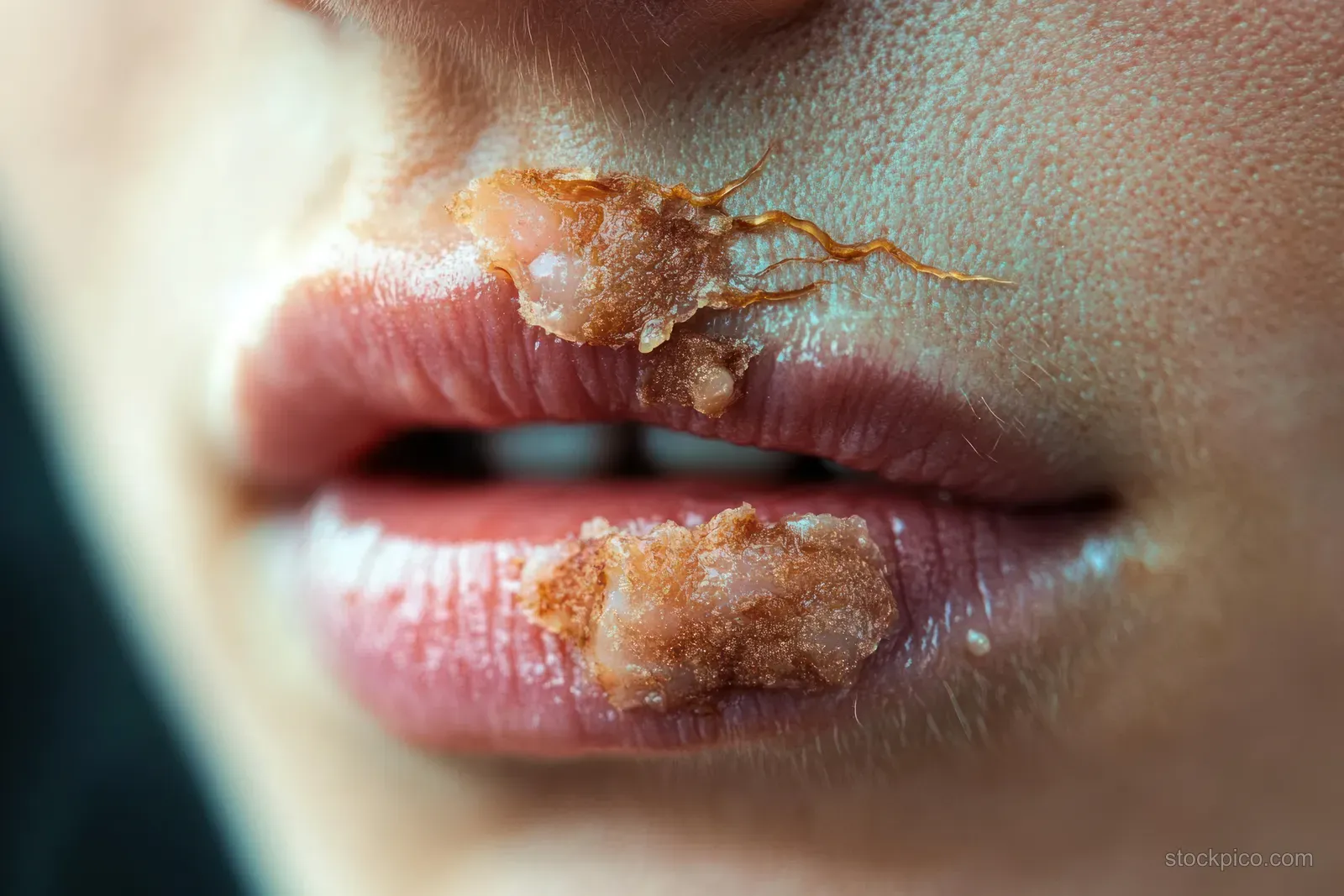 Close-up of cracked, crusty lips with flaky patches and redness around the mouth.