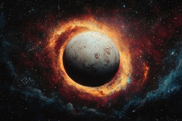 Fiery halo ignites a cratered planet in a colorful starry galaxy backdrop