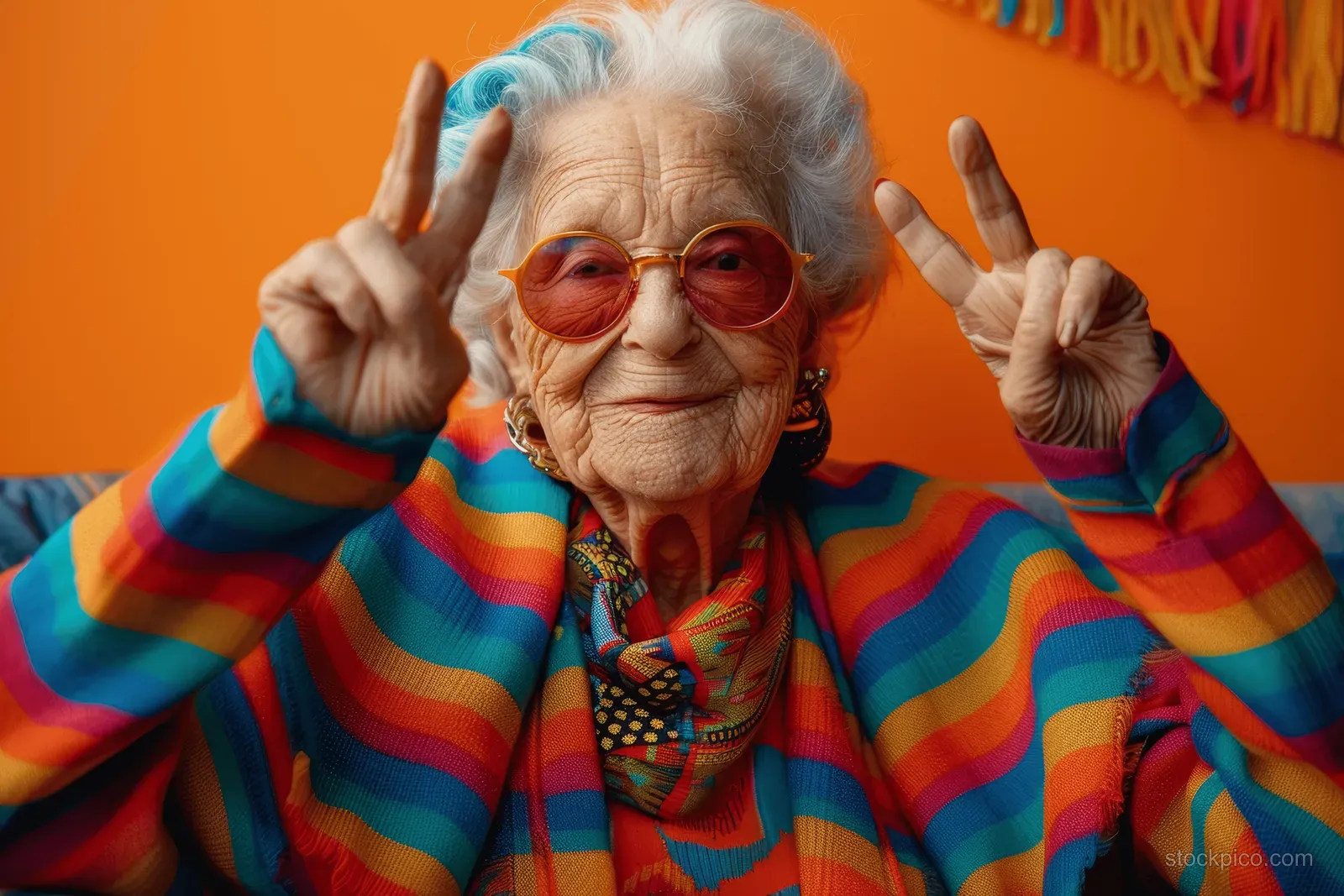 An older woman wearing red sunglasses poses with a peace sign in front of a bright orange wall.
