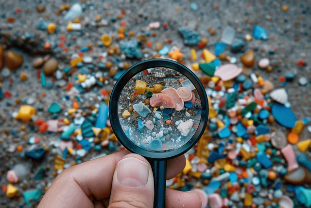 A hand holds a magnifying glass showing tiny colorful microplastics on beach sand.