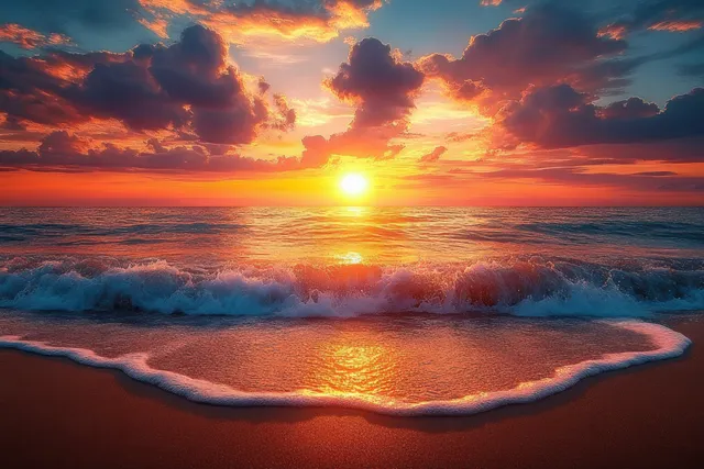 Golden sunlit ocean waves roll onto a wet sandy beach beneath dramatic orange and blue clouds.
