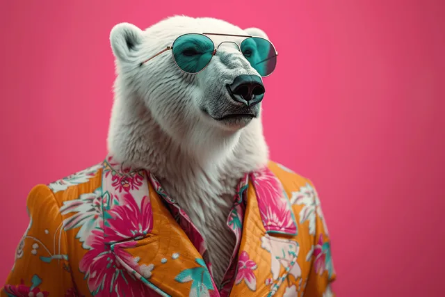 Polar bear wearing a colorful floral suit and teal-tinted glasses in a pastel pink studio portrait.