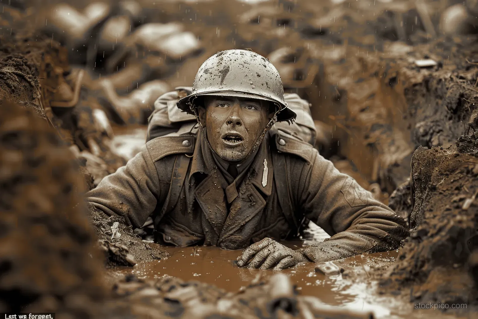A World War I soldier cries in a muddy trench while a rifle lies in the foreground.