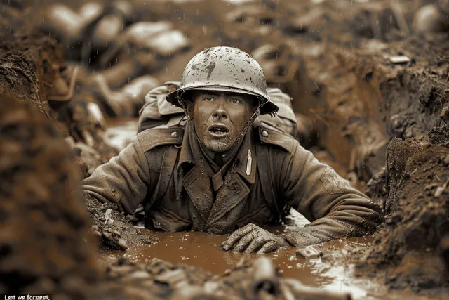 A World War I soldier cries in a muddy trench while a rifle lies in the foreground.