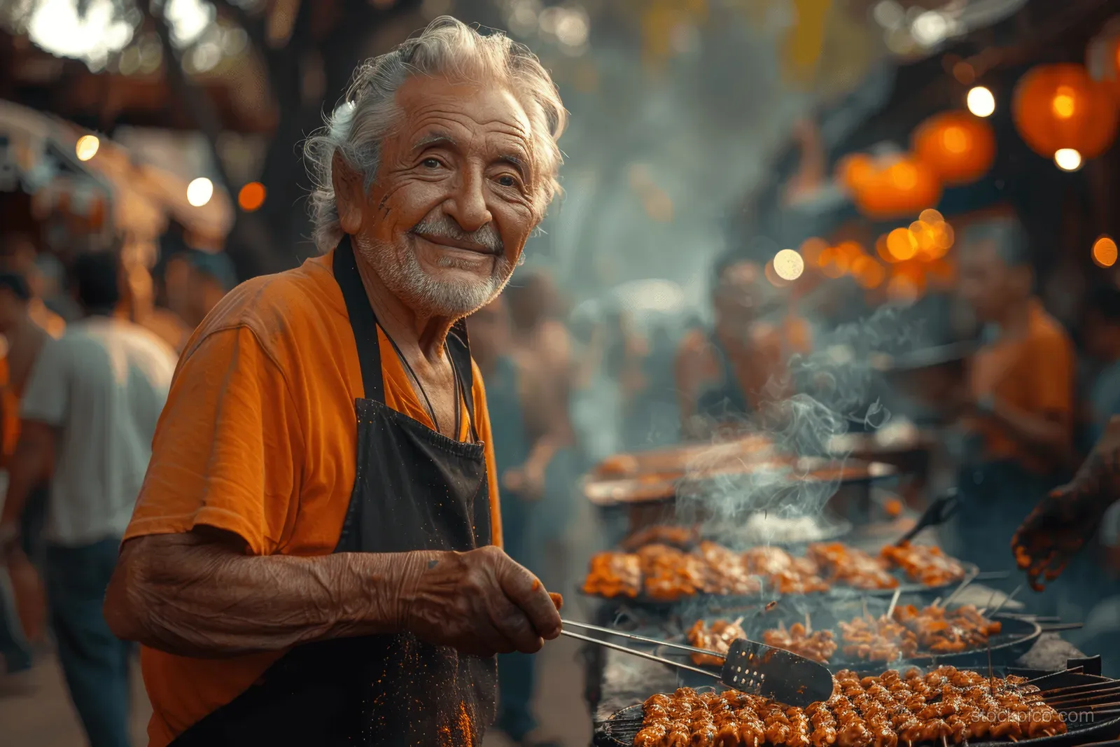 A Mexican street vendor grilling tacos al pastor at a roadside stall with smoke and a waiting crowd.