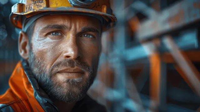 Construction worker in hard hat and high-vis vest standing outdoors near steel beams at a new building site.