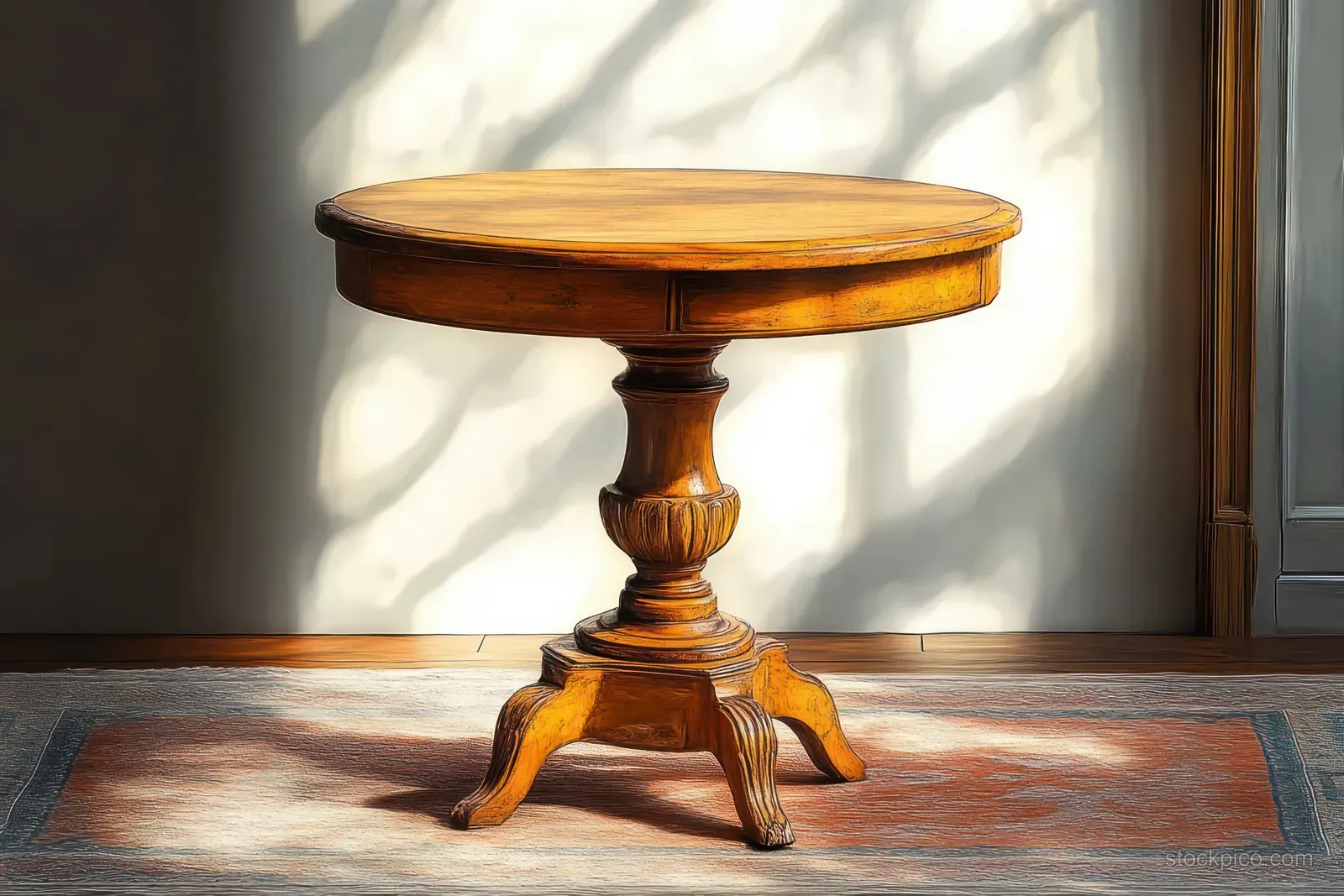 Sunlit round wooden side table with carved pedestal base casting shadows on a patterned rug.