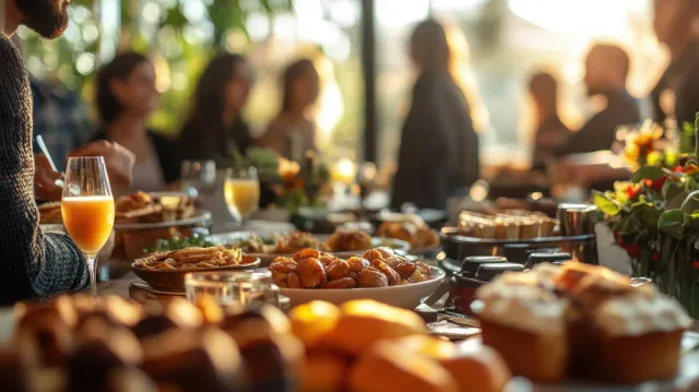 Friends enjoy a sunny brunch table with pastries, orange juice, and fresh fruit