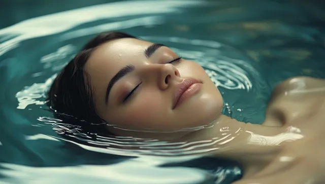 Peaceful young woman floating in calm water with closed eyes and gentle ripples