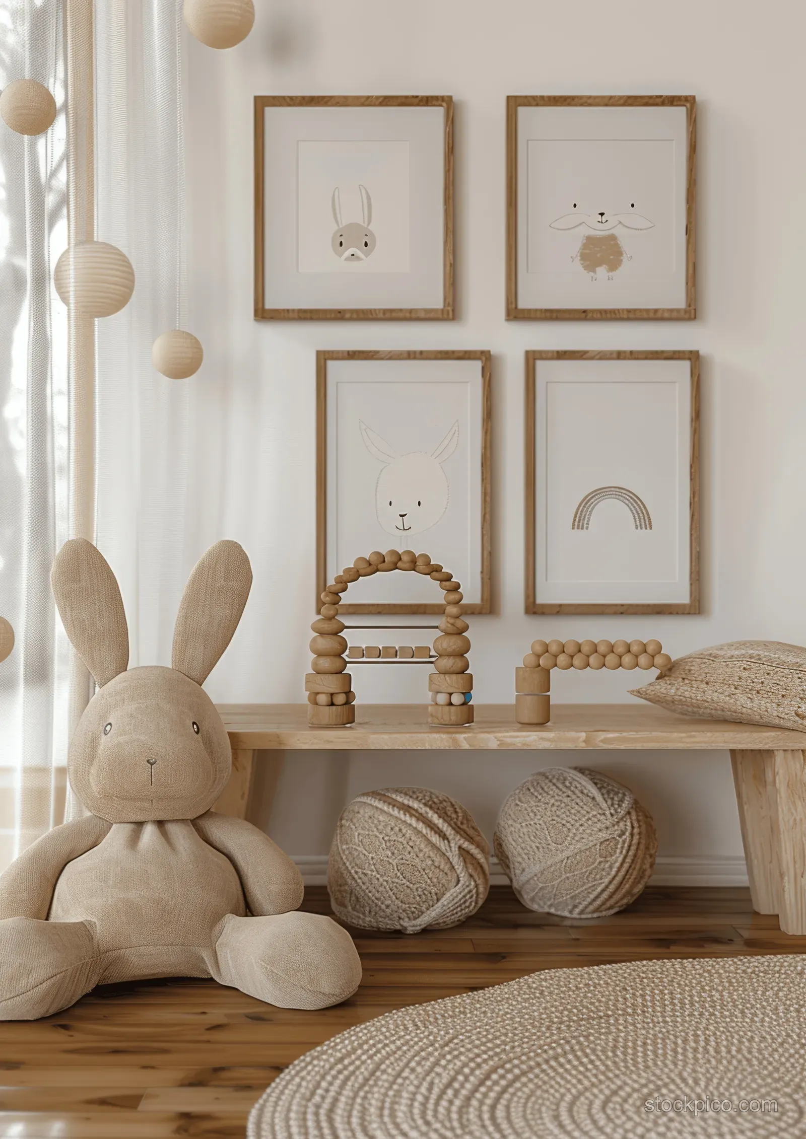Minimalist children’s room interior with a wooden shelf, bunny doll, framed prints, and beige cushions.