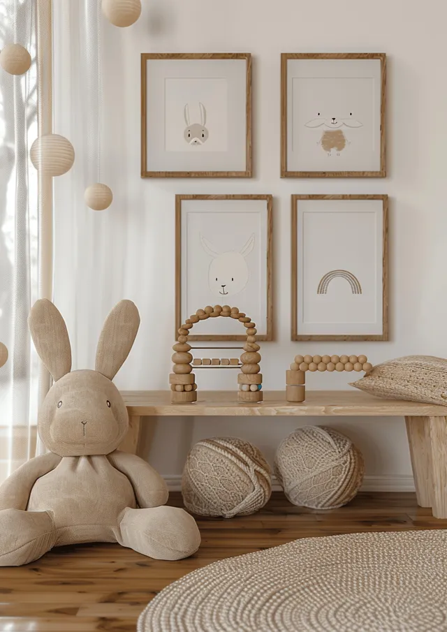 Minimalist children’s room interior with a wooden shelf, bunny doll, framed prints, and beige cushions.