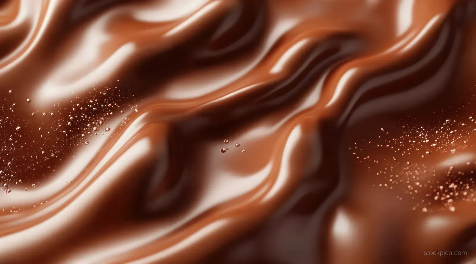 Melted chocolate swirls and glossy droplets stretch across a dark cocoa background in close-up.