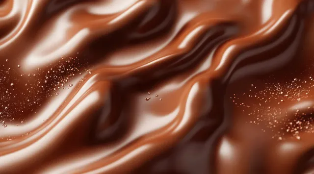 Melted chocolate swirls and glossy droplets stretch across a dark cocoa background in close-up.