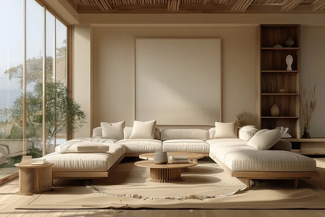 Beige Japandi living room with wooden sofas and a panoramic mountain view framed by large windows.