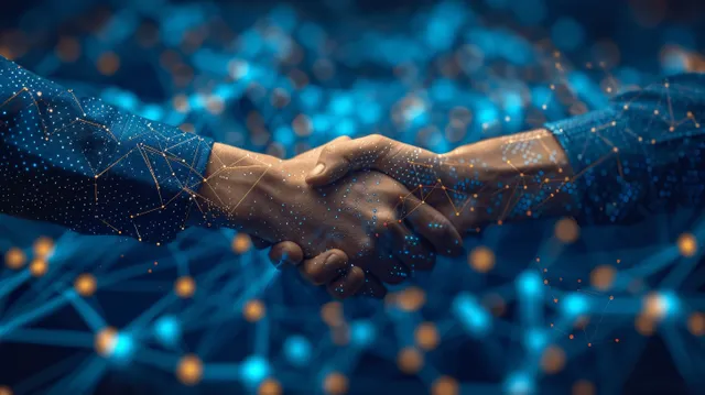 A global handshake symbolizes partnership and trust, linked to a digital financial network and market growth chart.