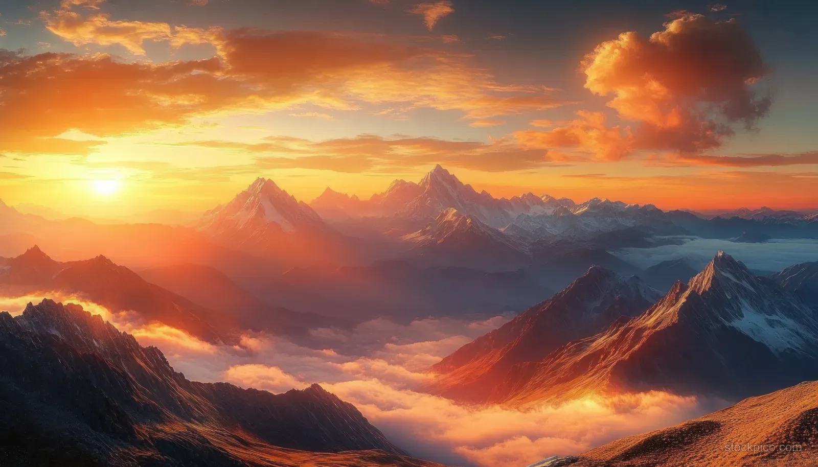Golden sunrise lights snow-covered mountain peaks and distant ridges over a misty winter valley.