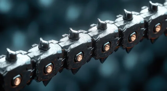 Black chainsaw chain links with sharp cutting teeth appear in focus against a dark blurred background.