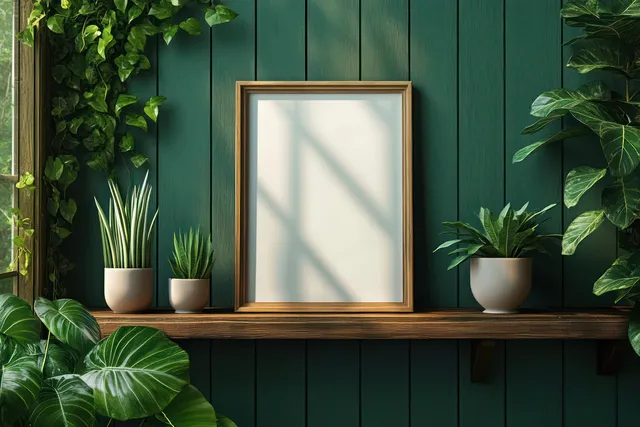 Blank wooden picture frame on a shelf surrounded by potted green plants against a dark green paneled wall.