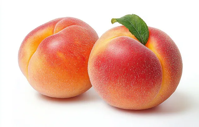 Ripe peaches with leaf on white background