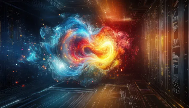 A blue and orange energy vortex swirls through a dark futuristic hallway of glowing network lights.
