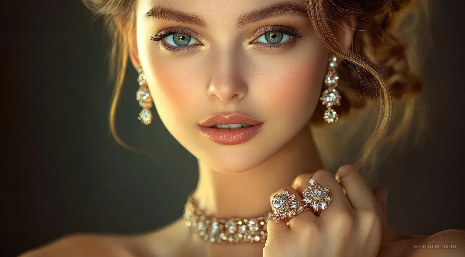 A woman models a sparkling necklace, earrings, and ring while holding her hand near her face with soft bokeh behind.