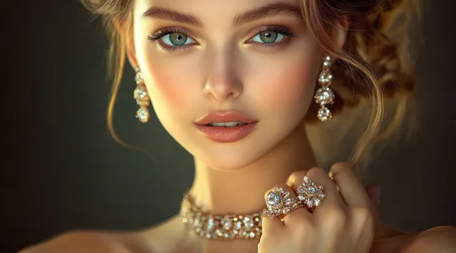 Fashion jewelry portrait of a woman holding a ring, wearing necklace and earrings