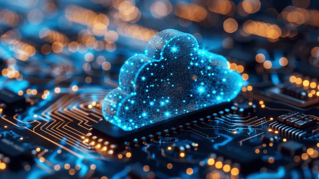 A glowing digital cloud hovers over a circuit board, illuminated by blue and orange neon lights, representing modern cloud computing.