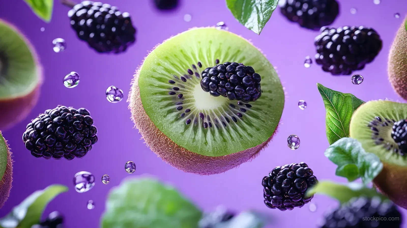 Kiwi slices, blackberries, and green leaves floating with water droplets on a vibrant purple background.