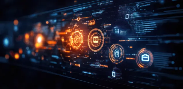 Holographic cybersecurity interface with glowing icons over dark digital network background