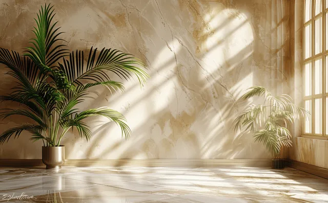 Beige room wall with palm plant in a pot and crisp leaf shadows from a bright window over an empty floor.