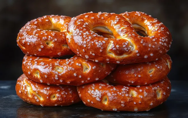 A stacked pile of salted pretzels isolated on a white background with natural light.