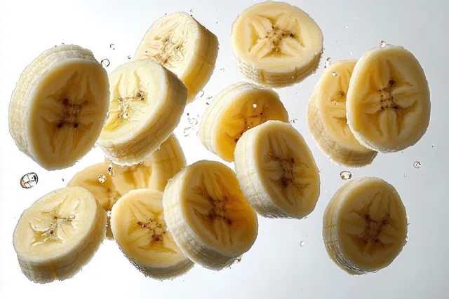 Banana slices suspended in clear water with bubbles, crisp close-up texture
