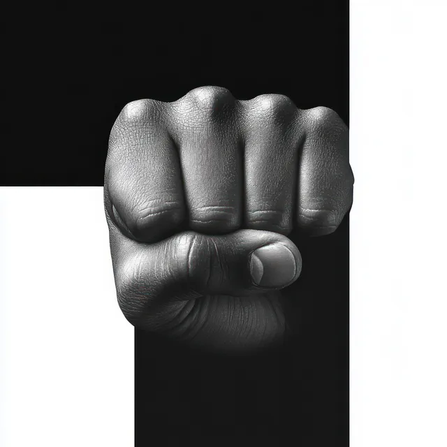 A black and white clenched fist emerges from a high-contrast split background, showing detailed knuckles and tension.
