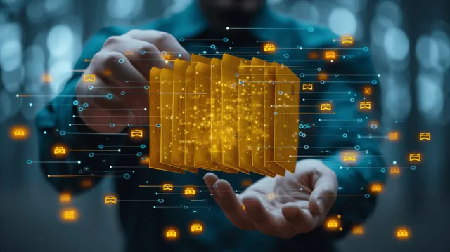 Hand holds glowing document icons and folder panels in a blue digital data environment