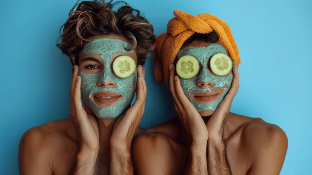 Two young men wearing cucumber facial masks, posing in spa-like treatment on blue backdrop