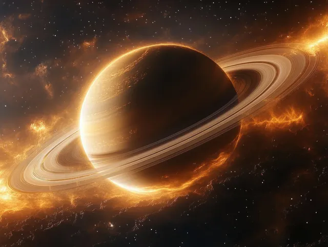 A dark planet with glowing golden rings floats in deep space amid fiery nebula clouds and scattered stars.