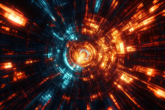 Glowing blue and orange concentric circles spin inside a digital energy tunnel with radiating light streaks.