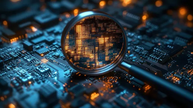 Magnifying glass focuses on an illuminated computer circuit board with glowing orange electronic components.