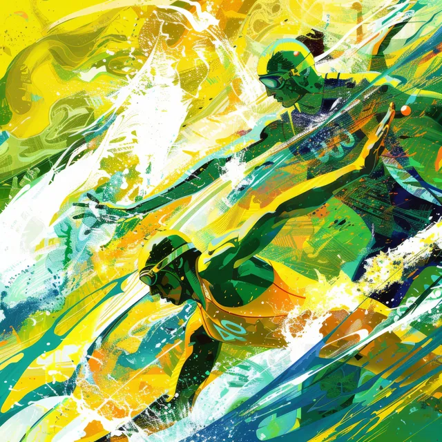 Neon abstract swimmer in a freestyle relay pose splashes through colorful water streaks.