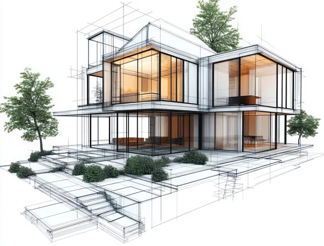 3D modern two-story house exterior with large glass windows, outdoor stairs, and landscaped greenery beside sketch lines.