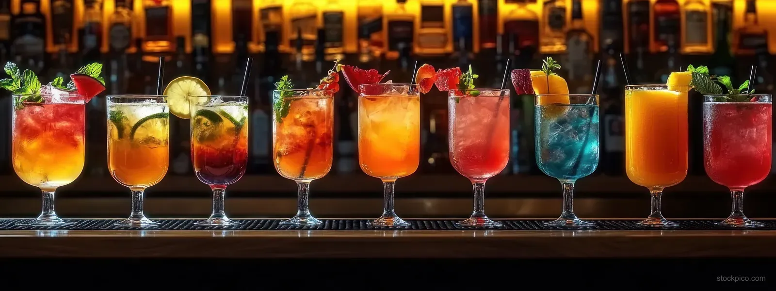 A lineup of colorful fruit-garnished cocktails in glasses on a bar counter with backlit liquor bottles behind.