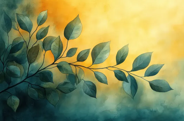 Watercolor leafy branches with emerald green leaves and gold glow on textured background