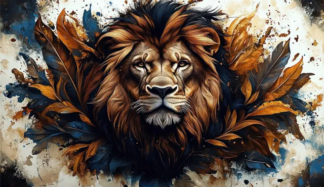 Lion head portrait framed by dark blue and orange feathers with dramatic paint splatter
