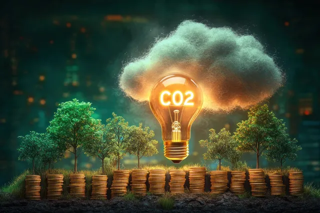 Glowing CO2 light bulb over coin stacks with a smoky cloud and green trees growing on top.